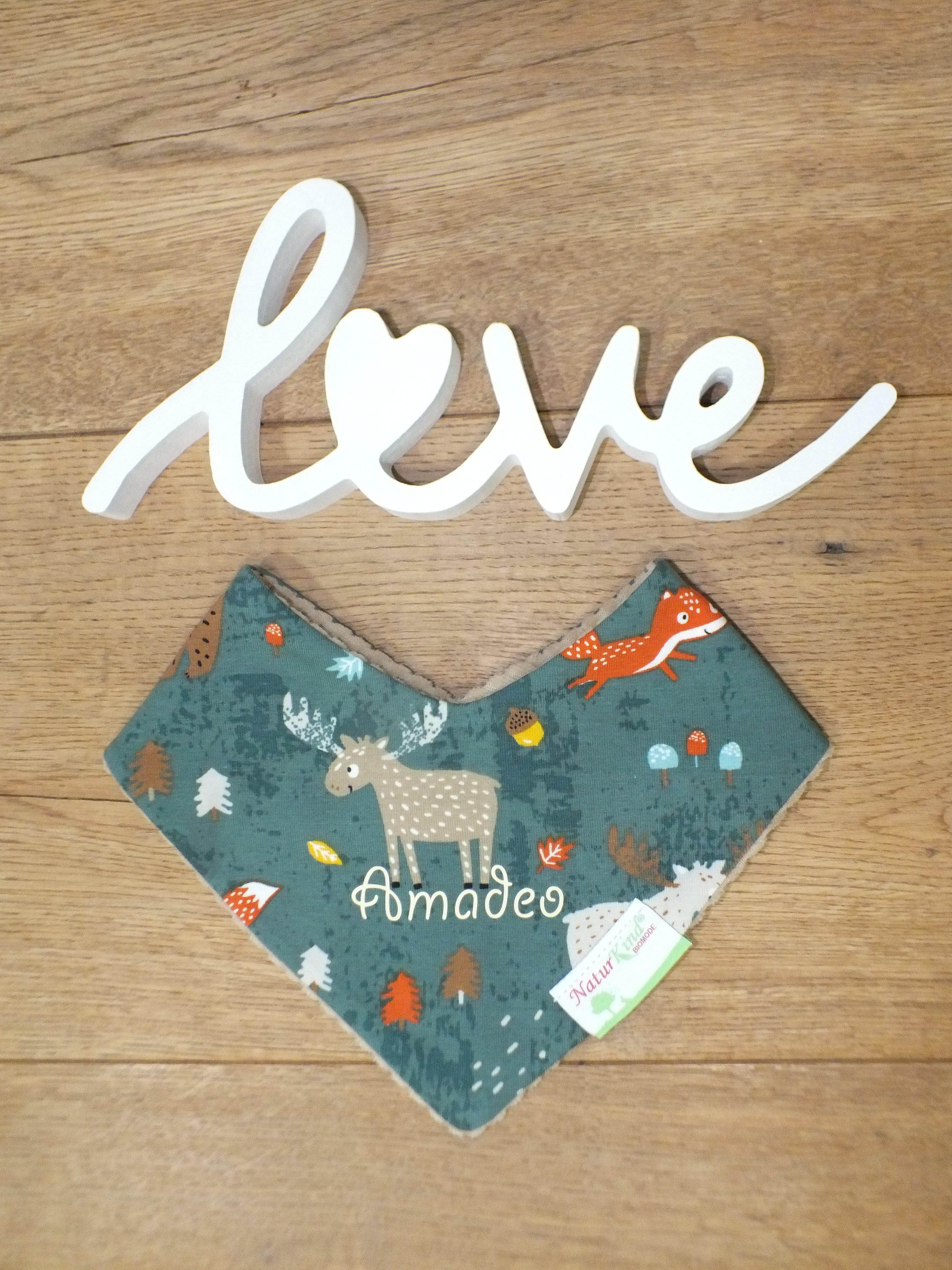 Wendehalstuch Tierischer Wald mit Name, Name creme
