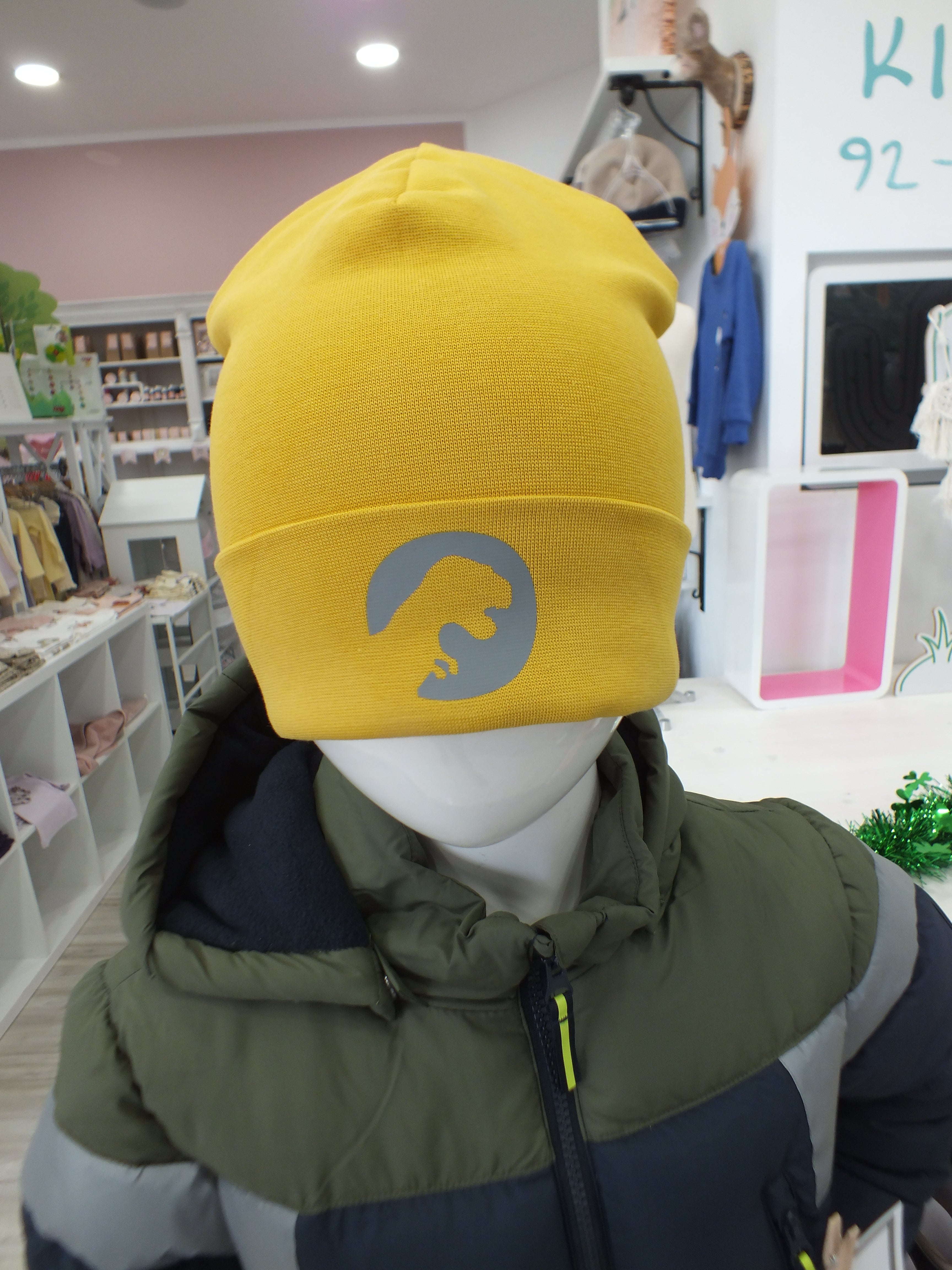Hipster Beanie Senf Dino Buchstabe grau