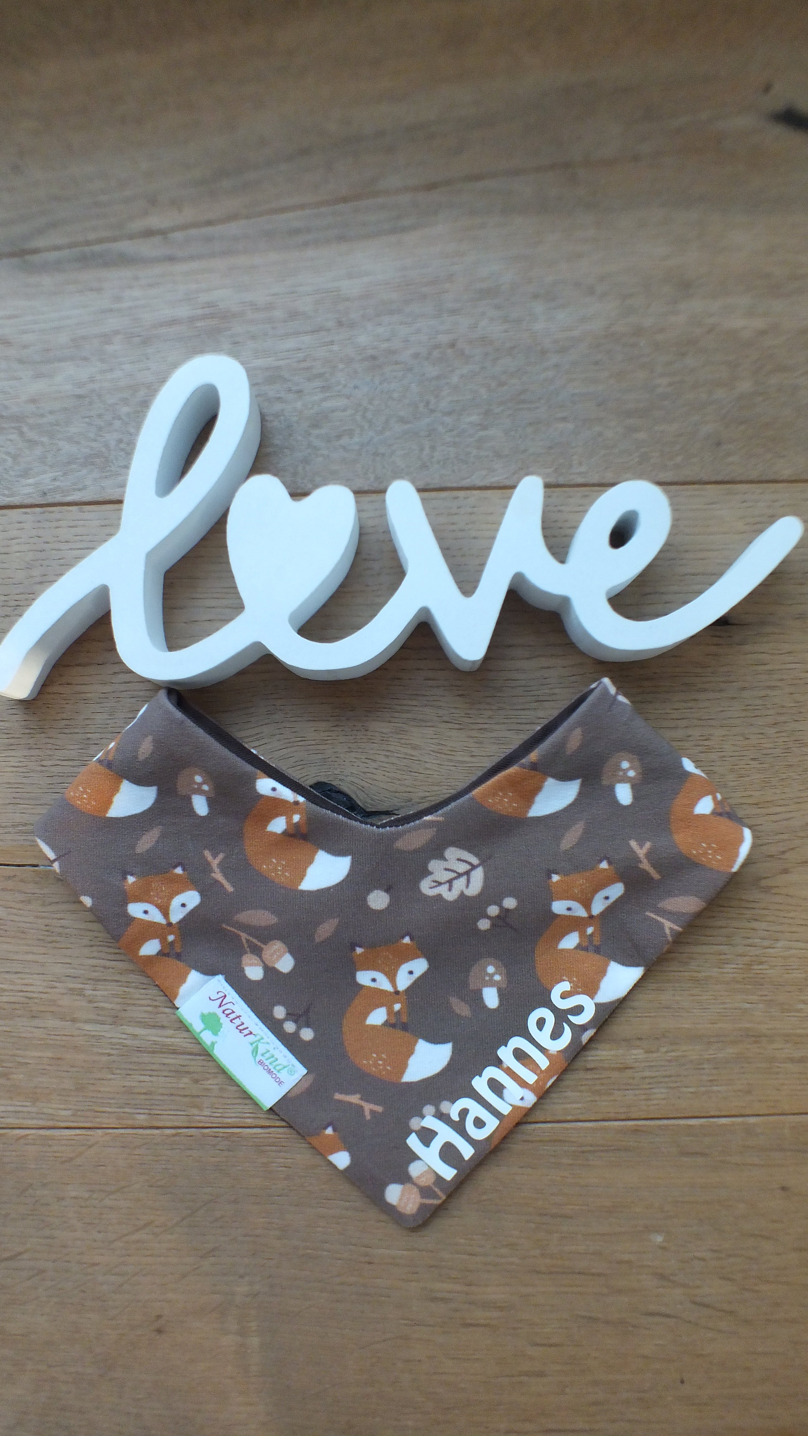 Wendehalstuch Boho Fuchs braun mit Name, Name weiß