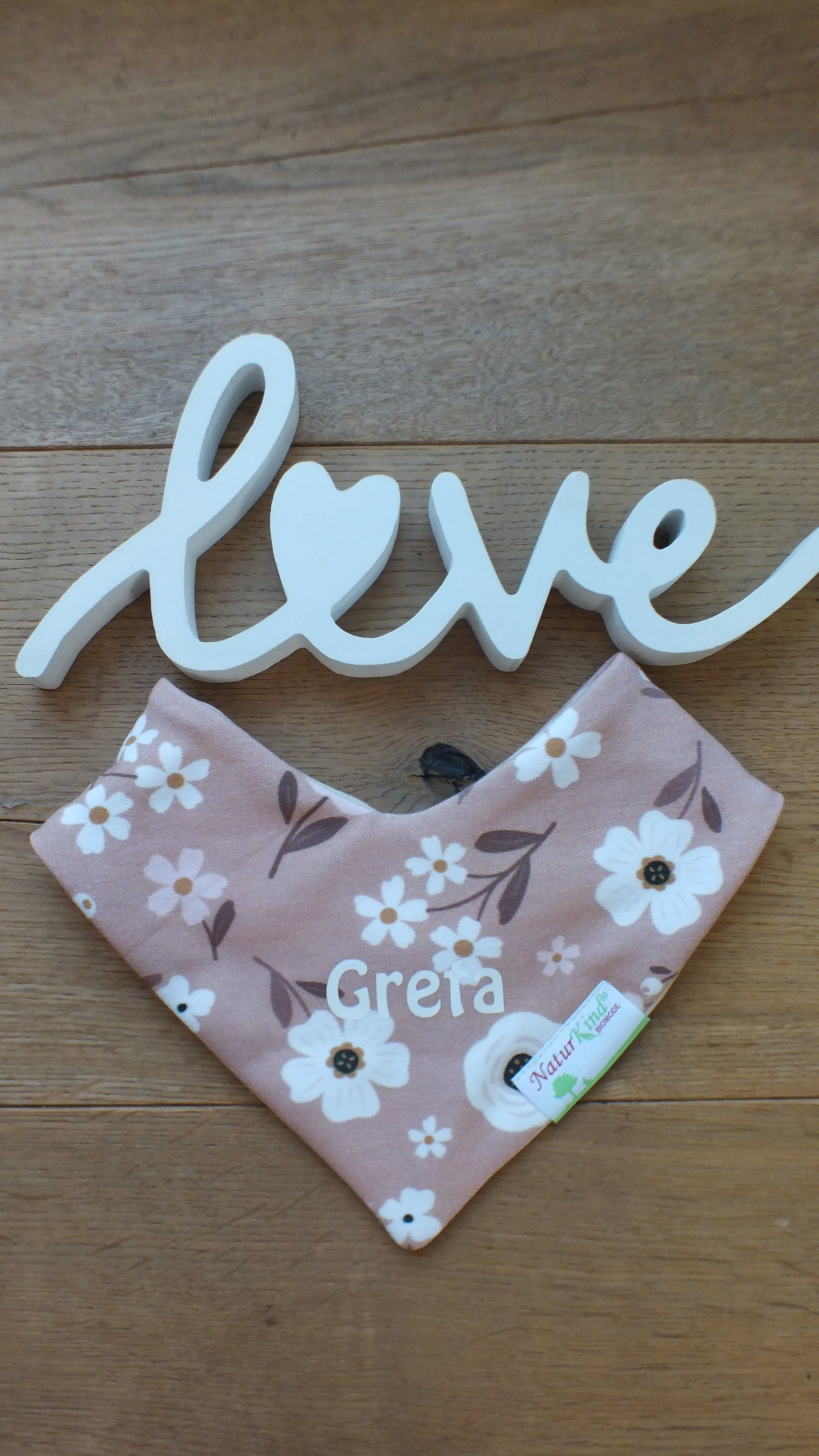 Wendehalstuch Vintage Blumen altrosa mit Name, Name weiß