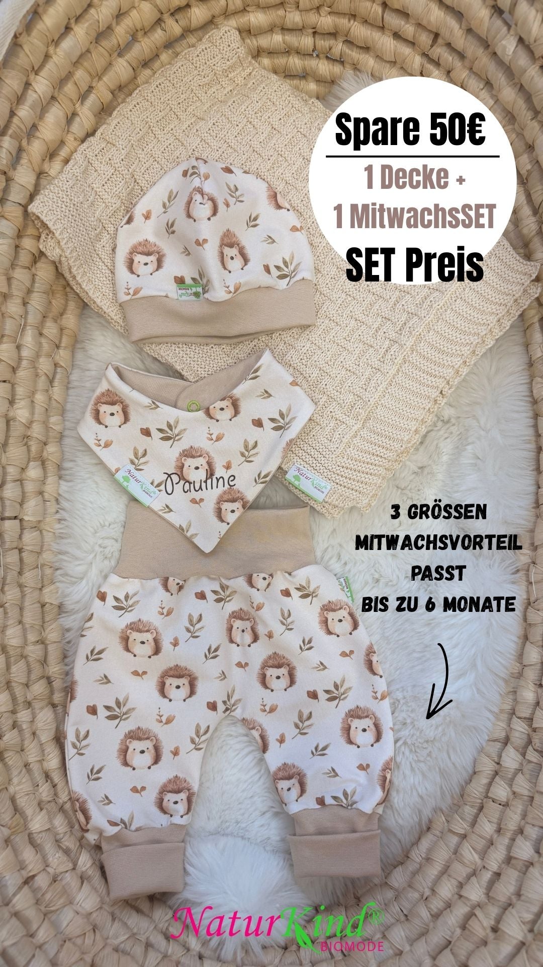 Geschenkset - 1 MitwachsSet " Kleiner Igelfreund " + 1 Strickdecke natur