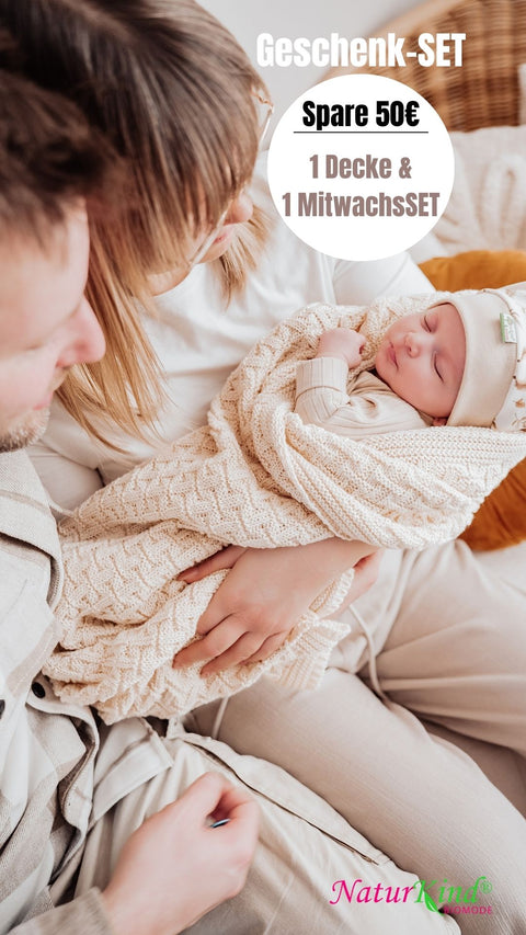 Geschenkset - 1 MitwachsSet " Kleiner Igelfreund " + 1 Strickdecke natur