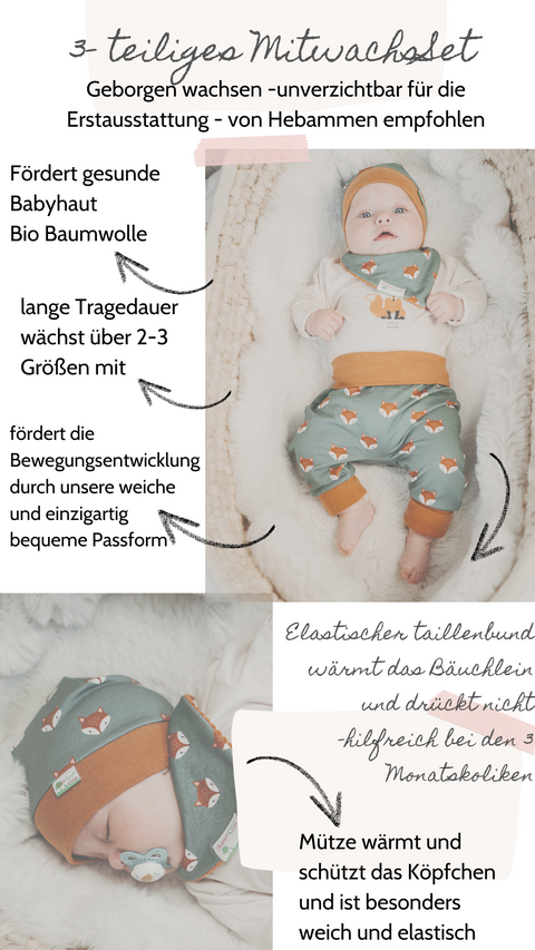 Naturkind Biomode ® 3-teiliges MitwachsSet für Babys -Uni Nicki zartrosa -