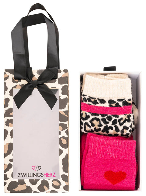 Zwillingsherz Geschenkbox Socken 2er Set "Leo & Herz" pink