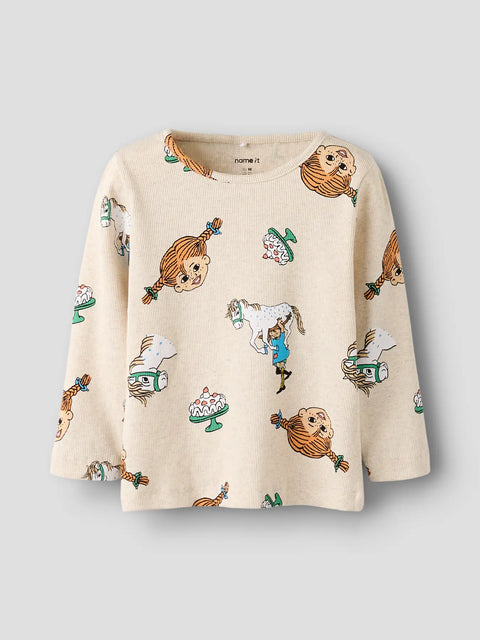Name it Rib Langarmshirt Pippi Langstrumpf beige meliert