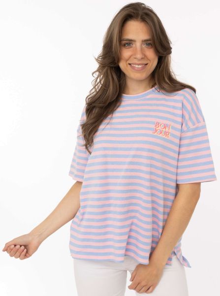 Zwillingsherz OneSize T-Shirt Sweat "Bonjour" rosa gestreift