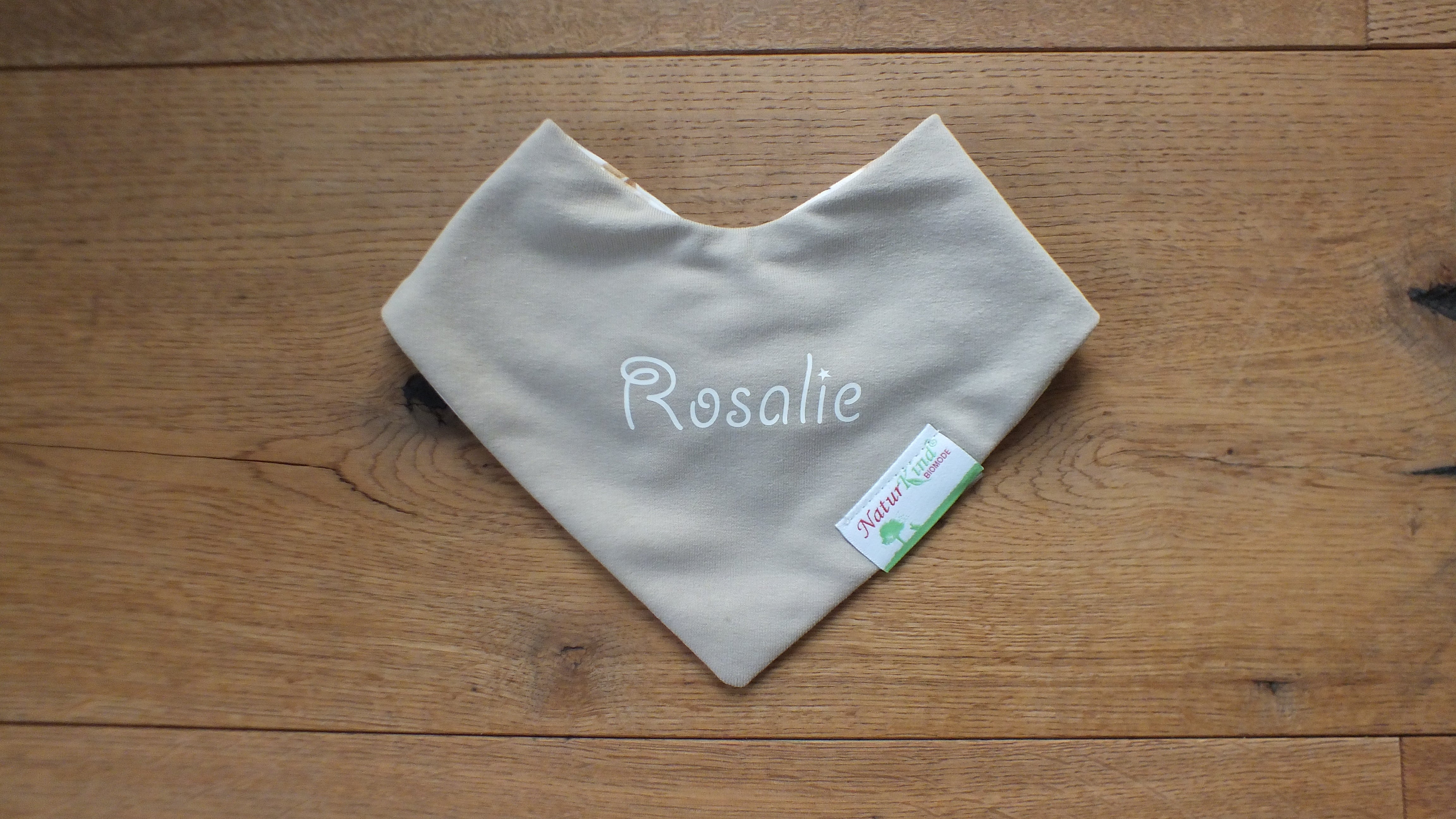 Wendehalstuch Uni beige mit Name, Name weiß