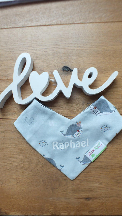 Wendehalstuch Blumige Wale mit Name, Name weiß