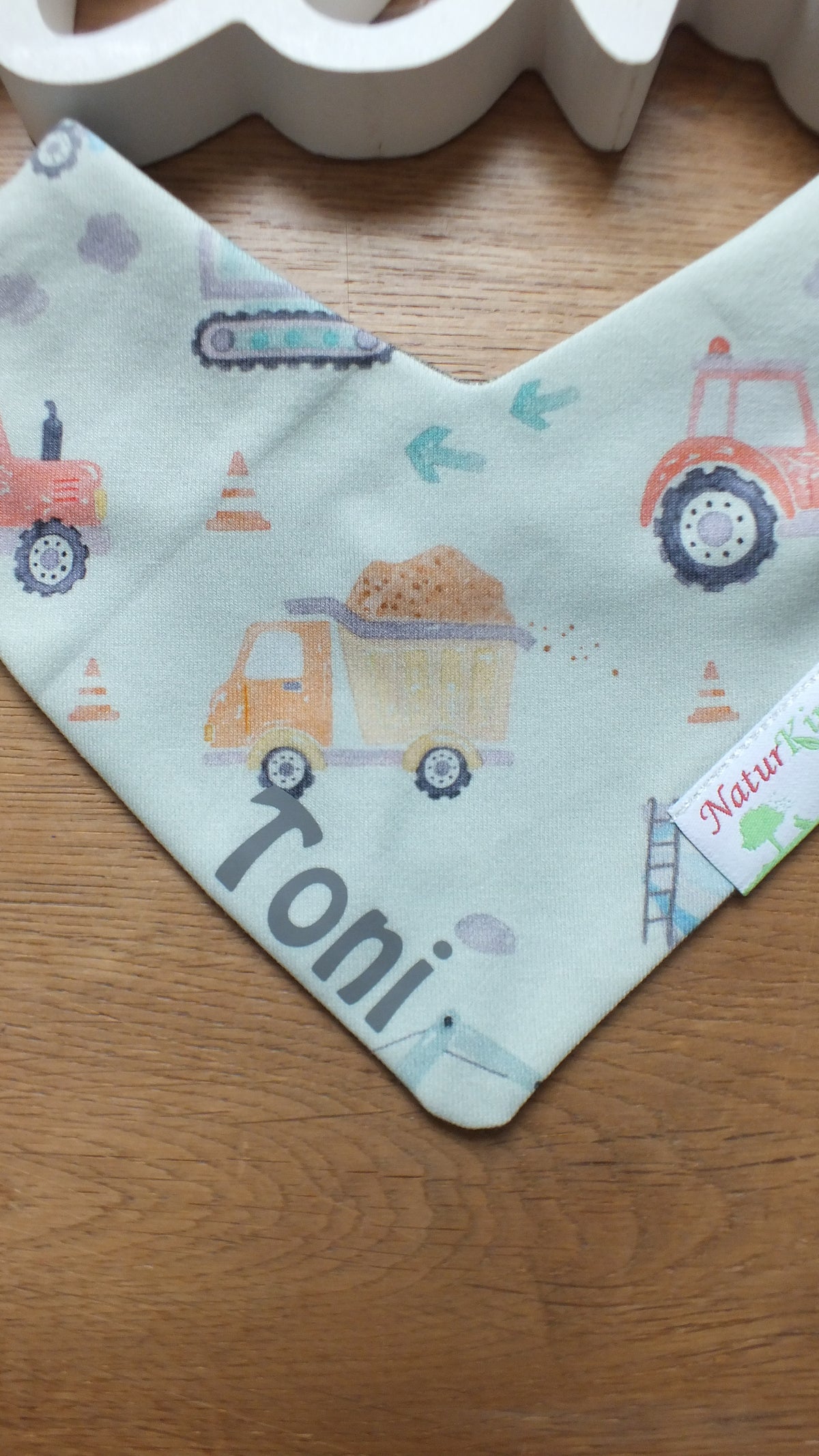 Wendehalstuch Baustellen Bande pastell mint mit Name, Name grau