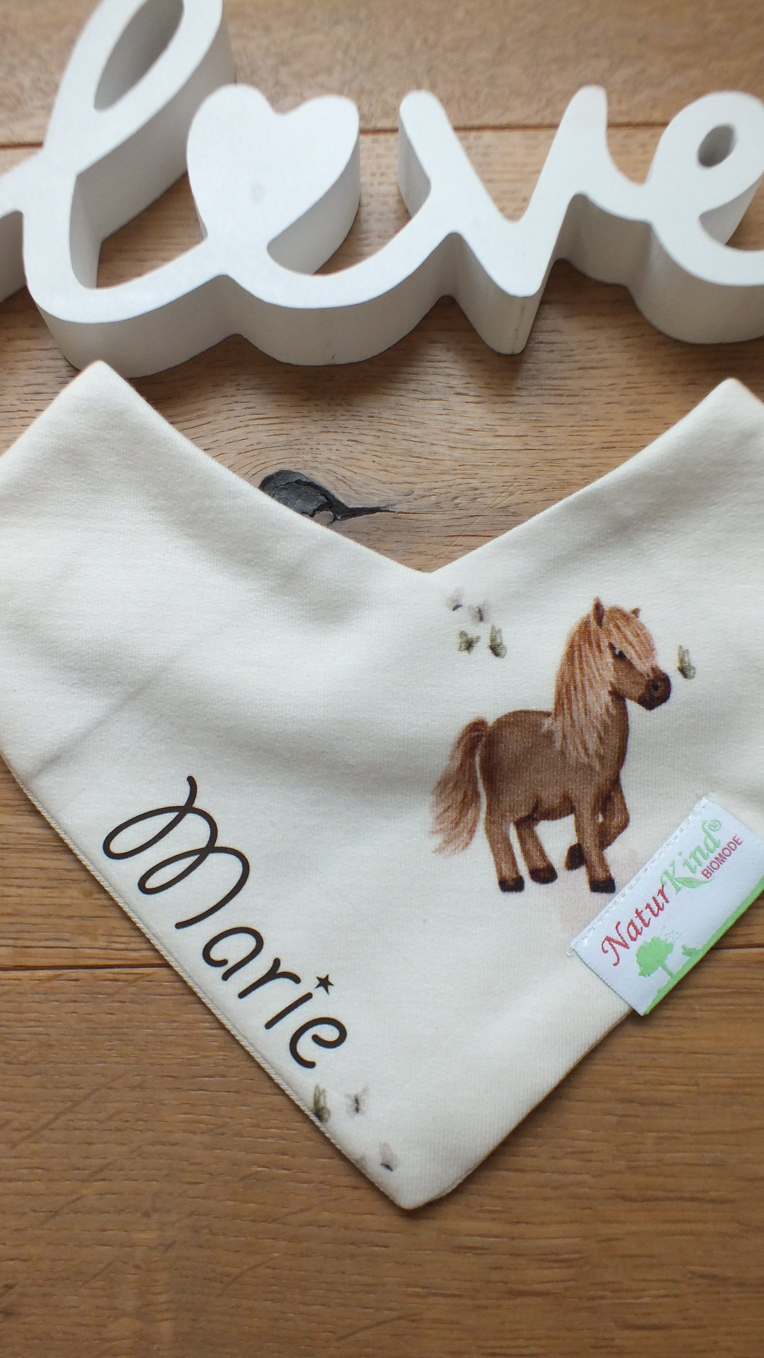 Wendehalstuch Pferdeliebe mit Name, Name braun