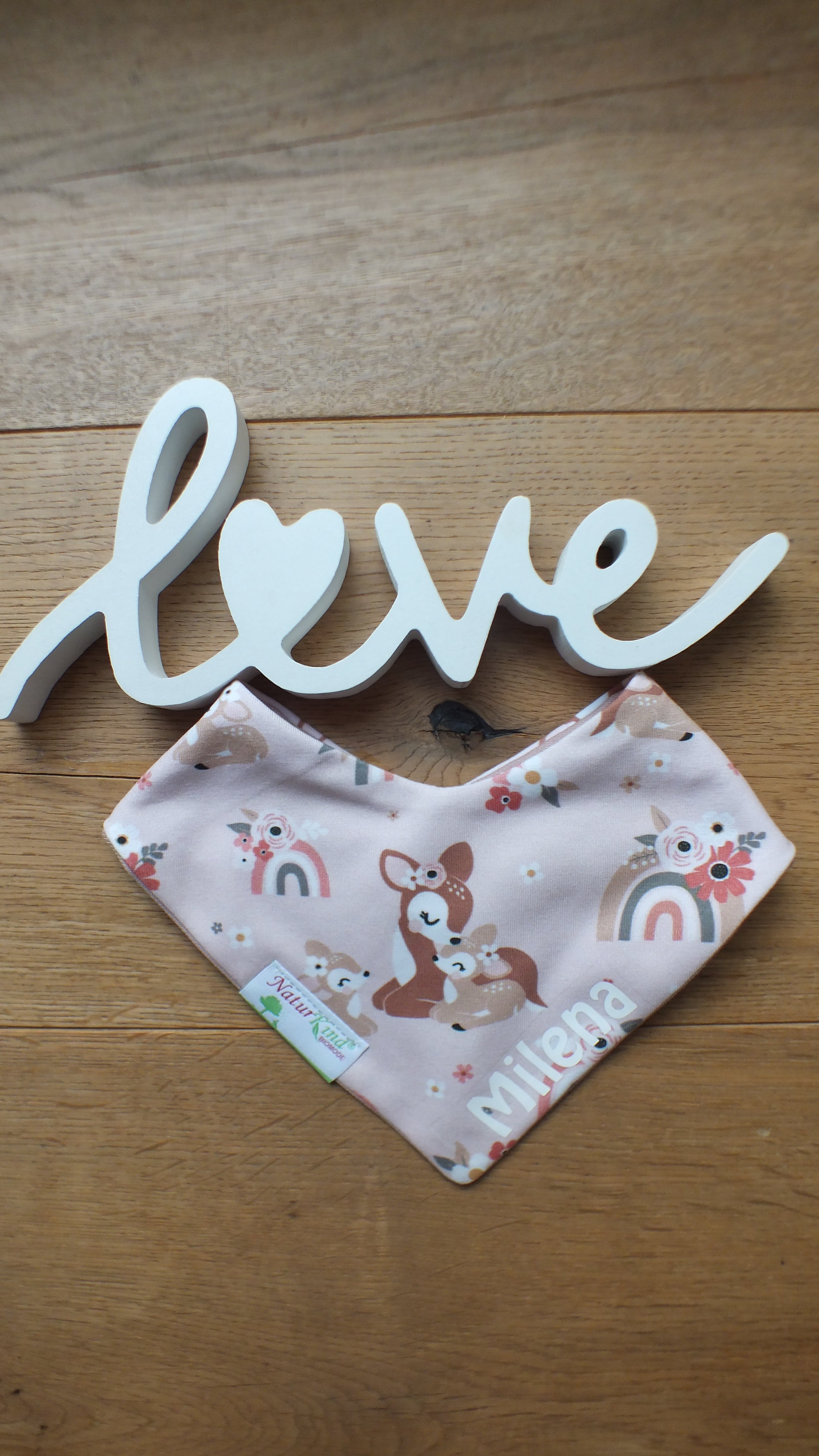 Wendehalstuch Boho Bambi mit Name, Name weiß