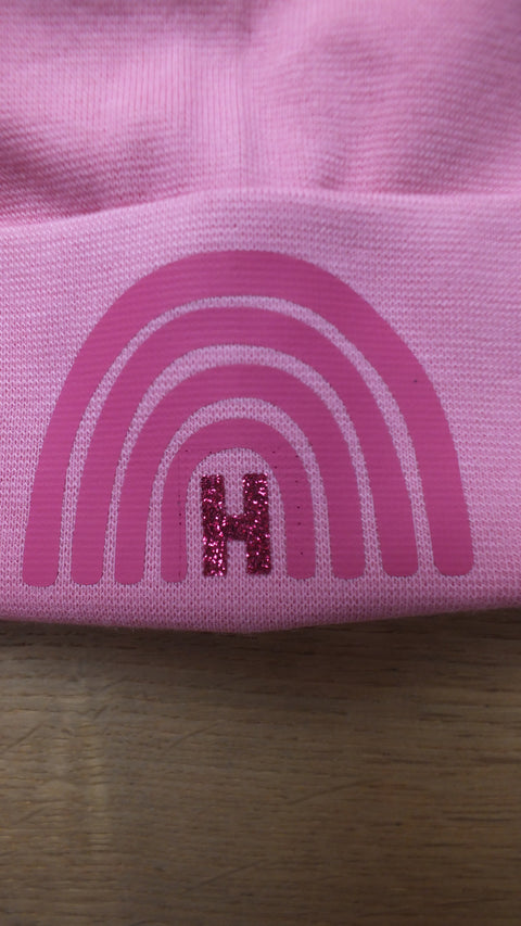 Hipster Beanie Rosapink Regenbogen pink + Glitzer Anfangsbuchstabe