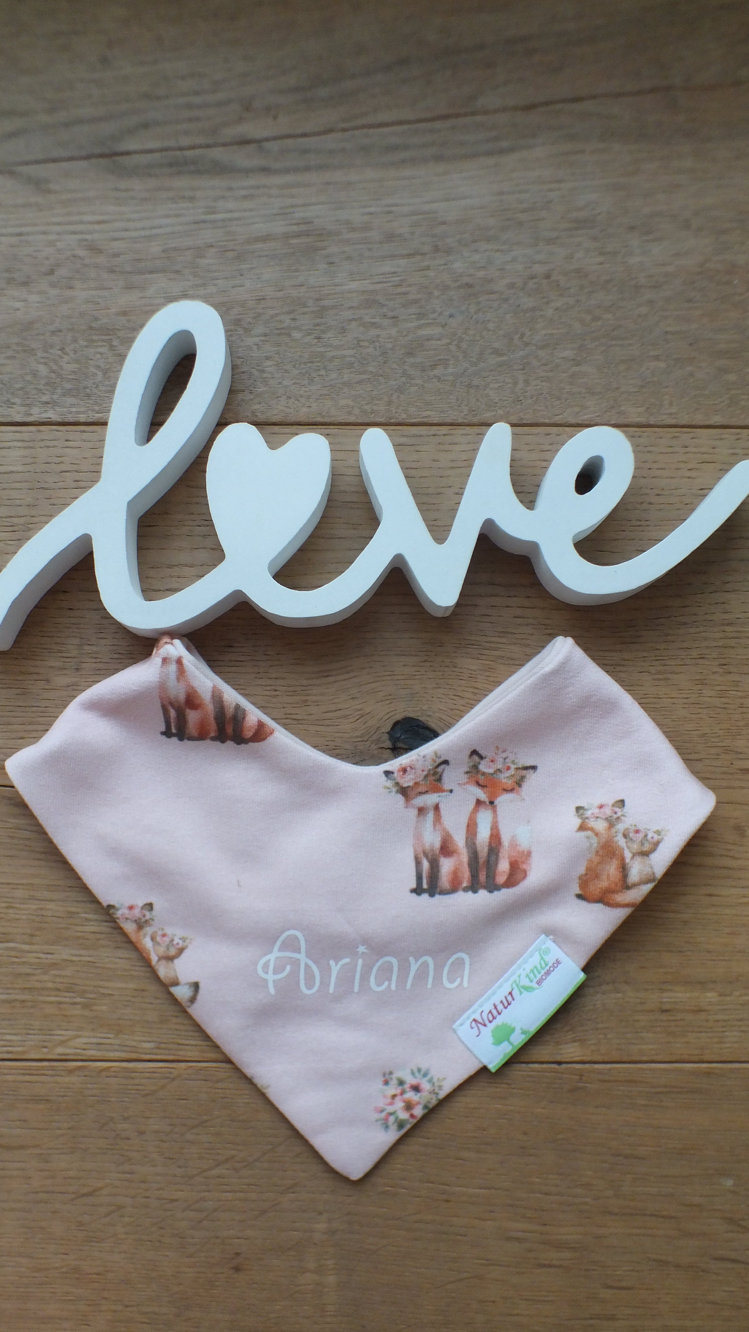 Wendehalstuch Blütenfuchs rosé peach mit Name, Name weiß