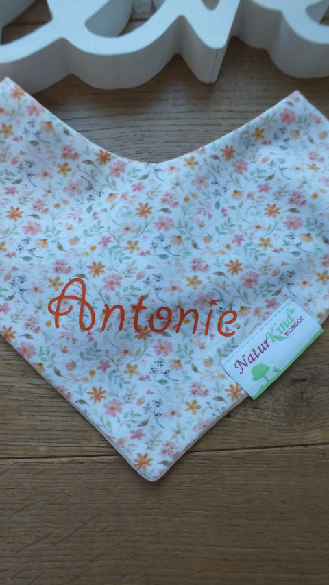 Wendehalstuch Blütenmeer mit Name, Name orange