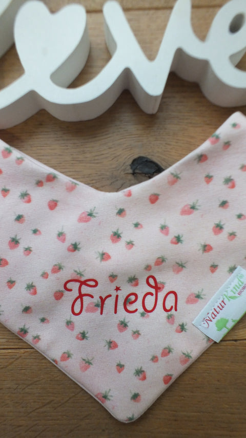 Wendehalstuch Erdbeerliebe mit Name, Name rot
