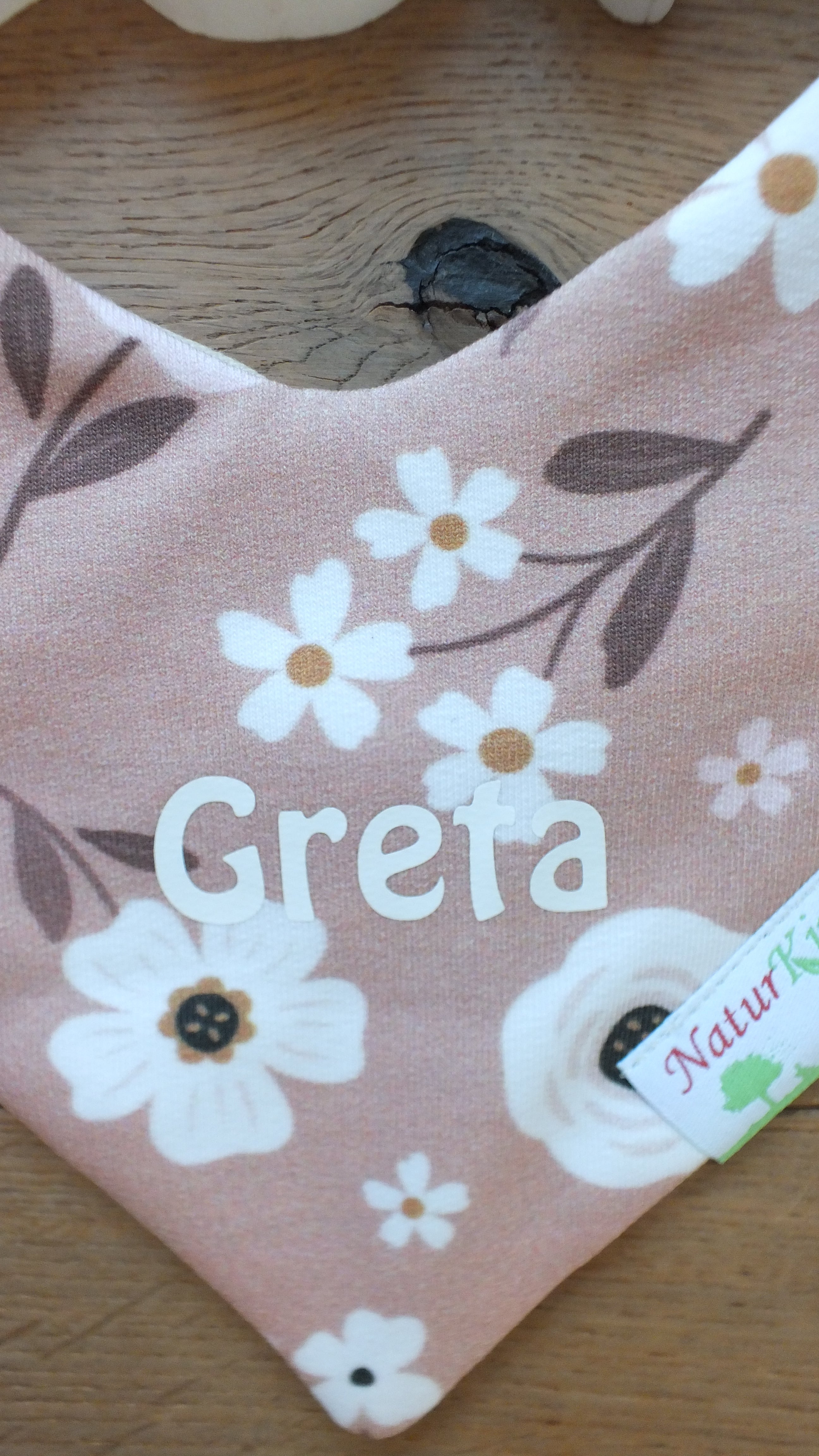 Wendehalstuch Vintage Blumen altrosa mit Name, Name weiß