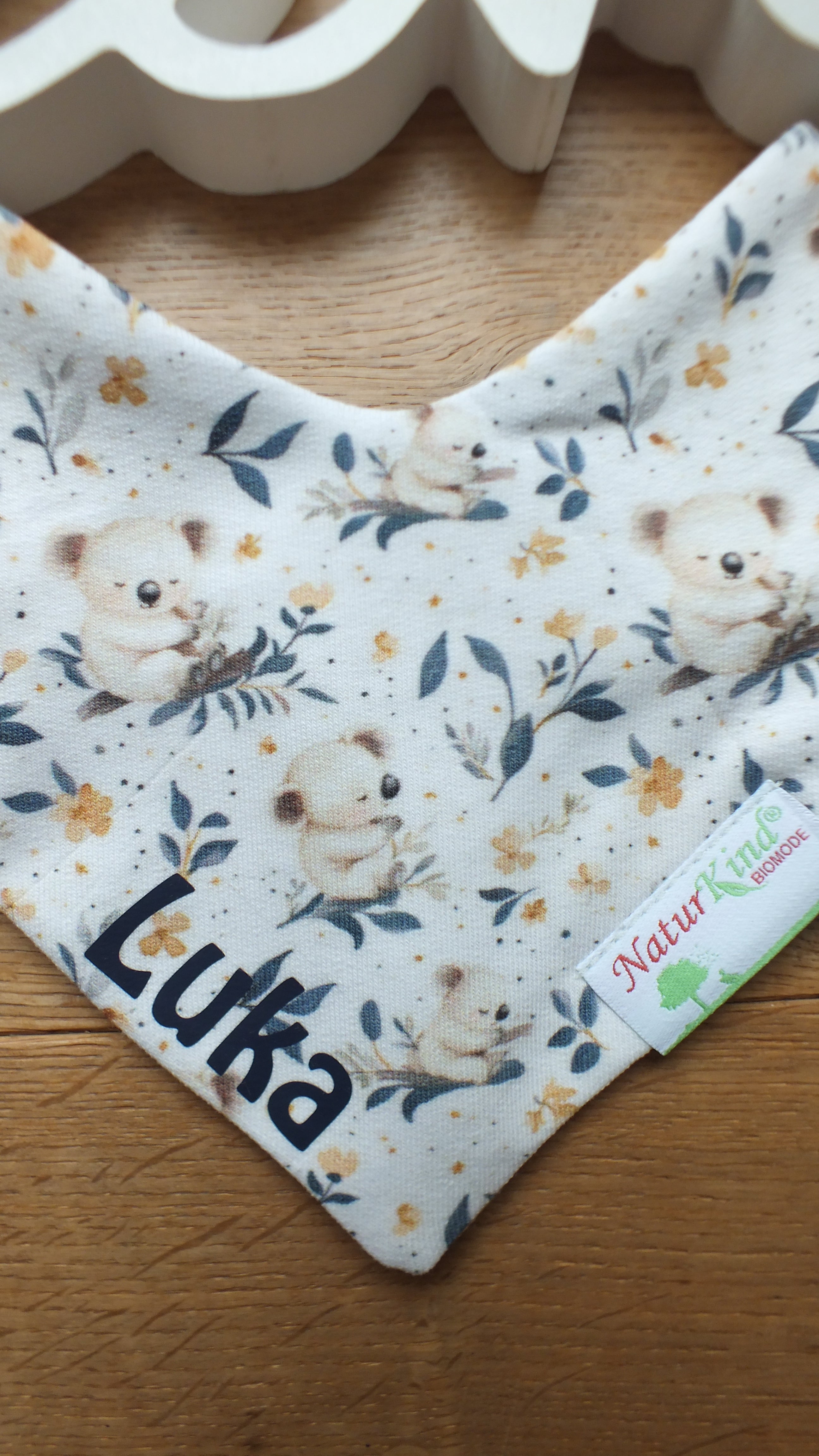 Wendehalstuch Koala dunkelblau mit Name, Name dunkelblau