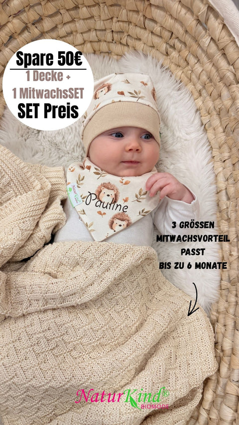 Geschenkset - 1 MitwachsSet " Kleiner Igelfreund " + 1 Strickdecke natur