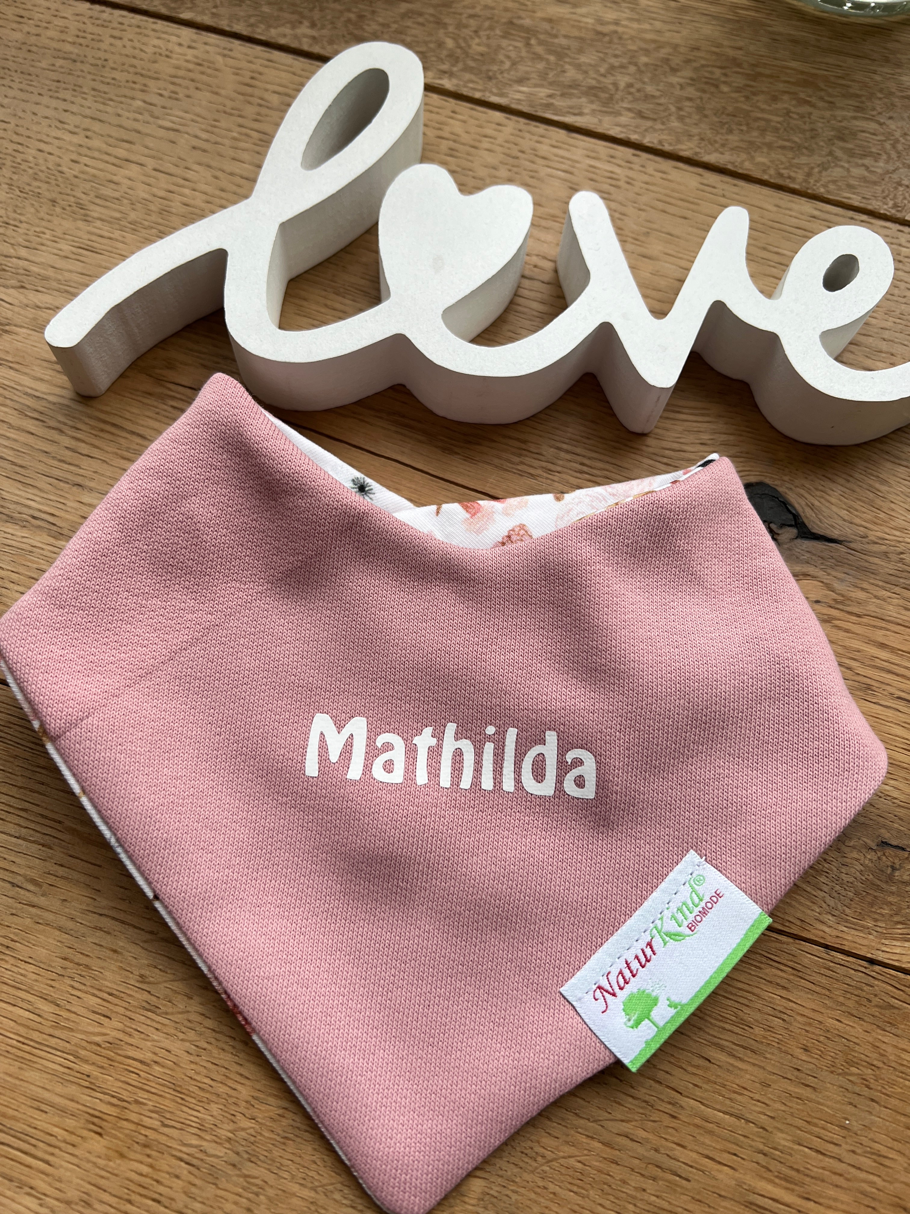 Wendehalstuch Uni altrosa mit Name, Name weiß