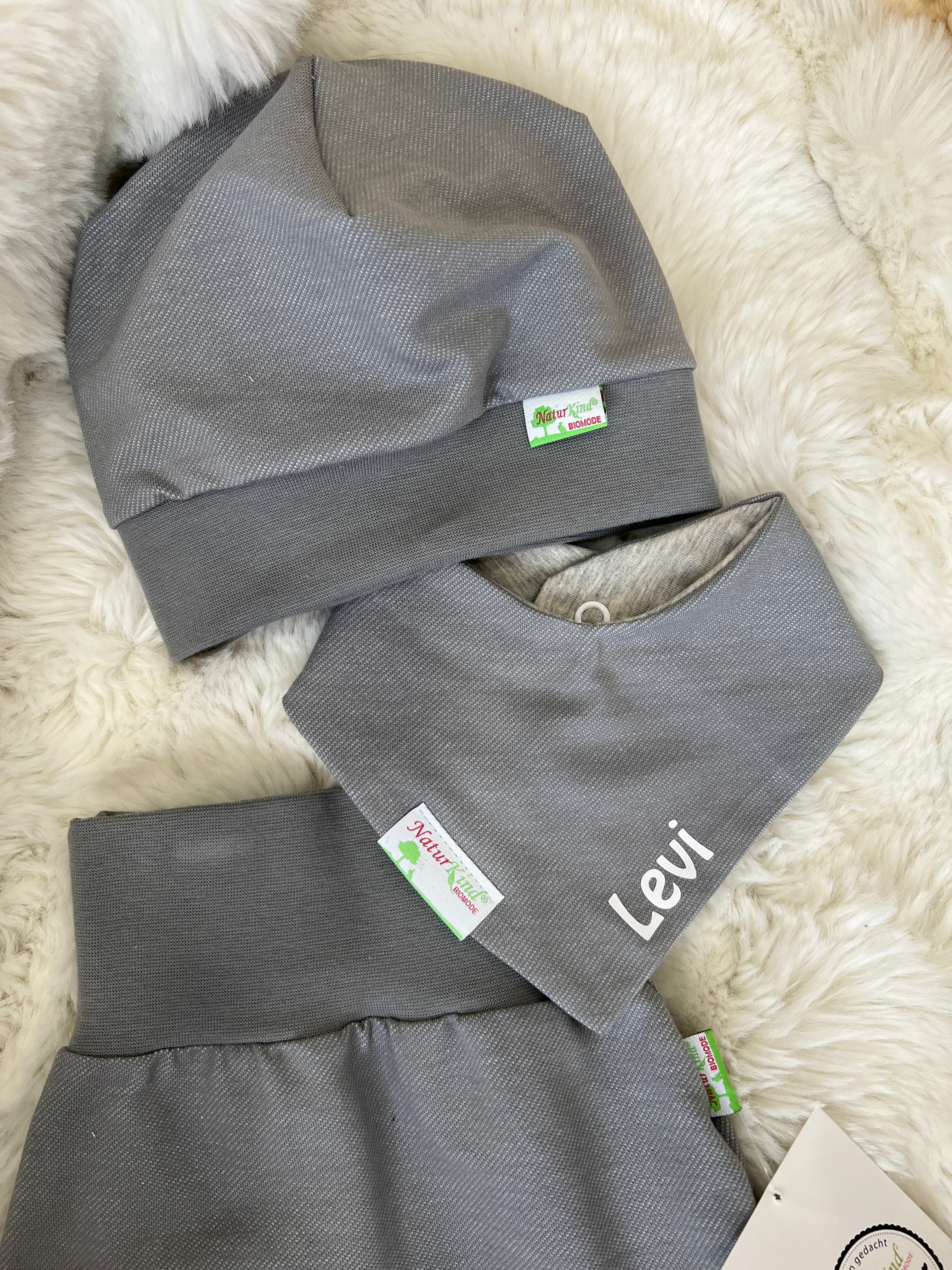 Wendehalstuch Jeans grau mit Name, Name weiß