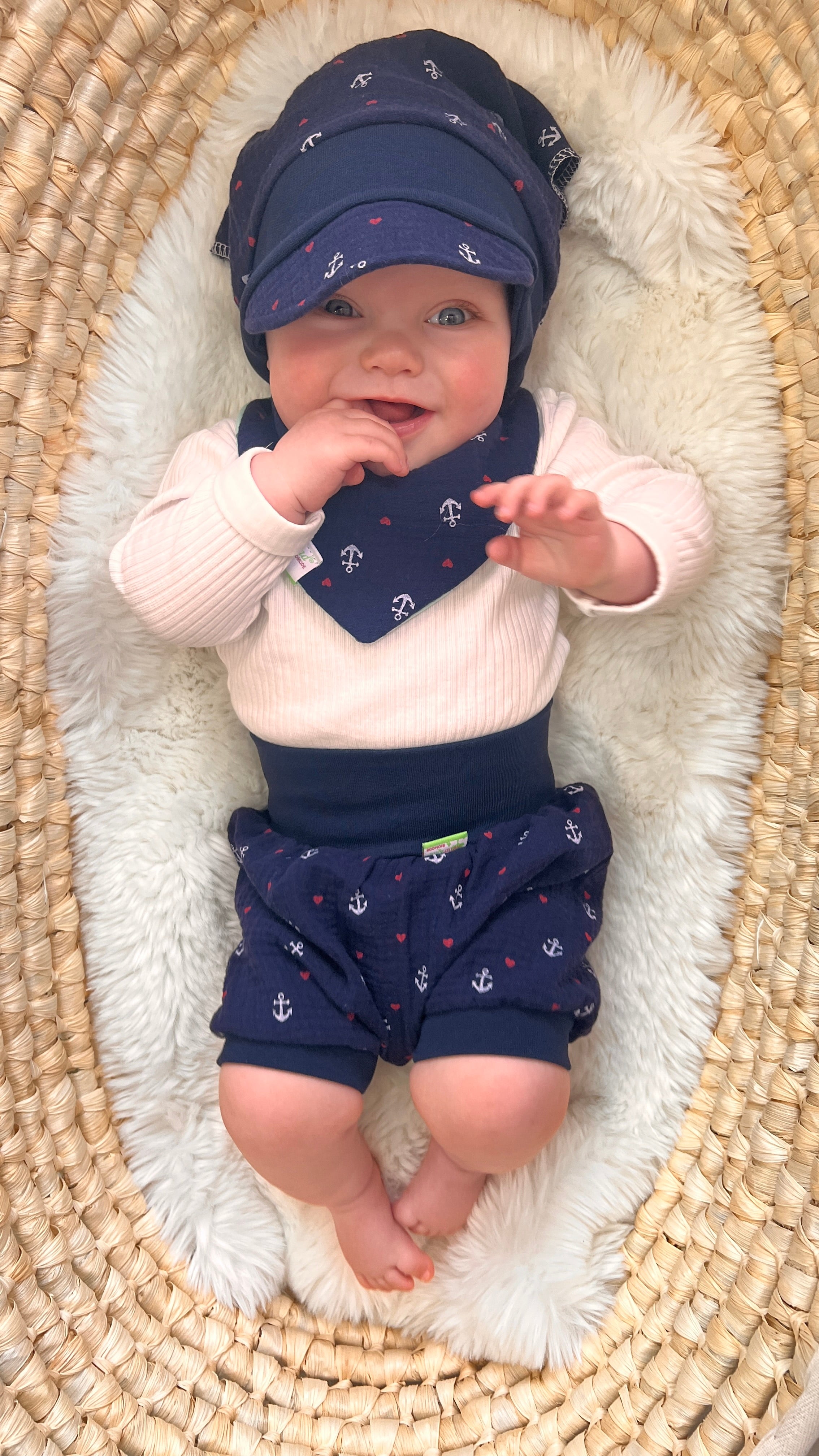Naturkind Biomode ® 3-teiliges Sommer MitwachsSet für Babys Musselin Anker dunkelblau
