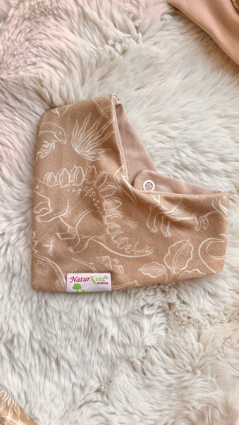 Wendehalstuch Dinowelt beige mit Name,  Name weiß
