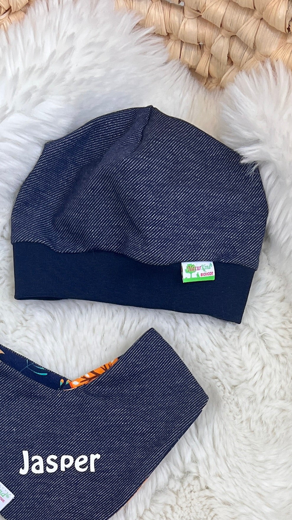 Bündchen Beanie Jeans dunkel, Uni dunkelblau