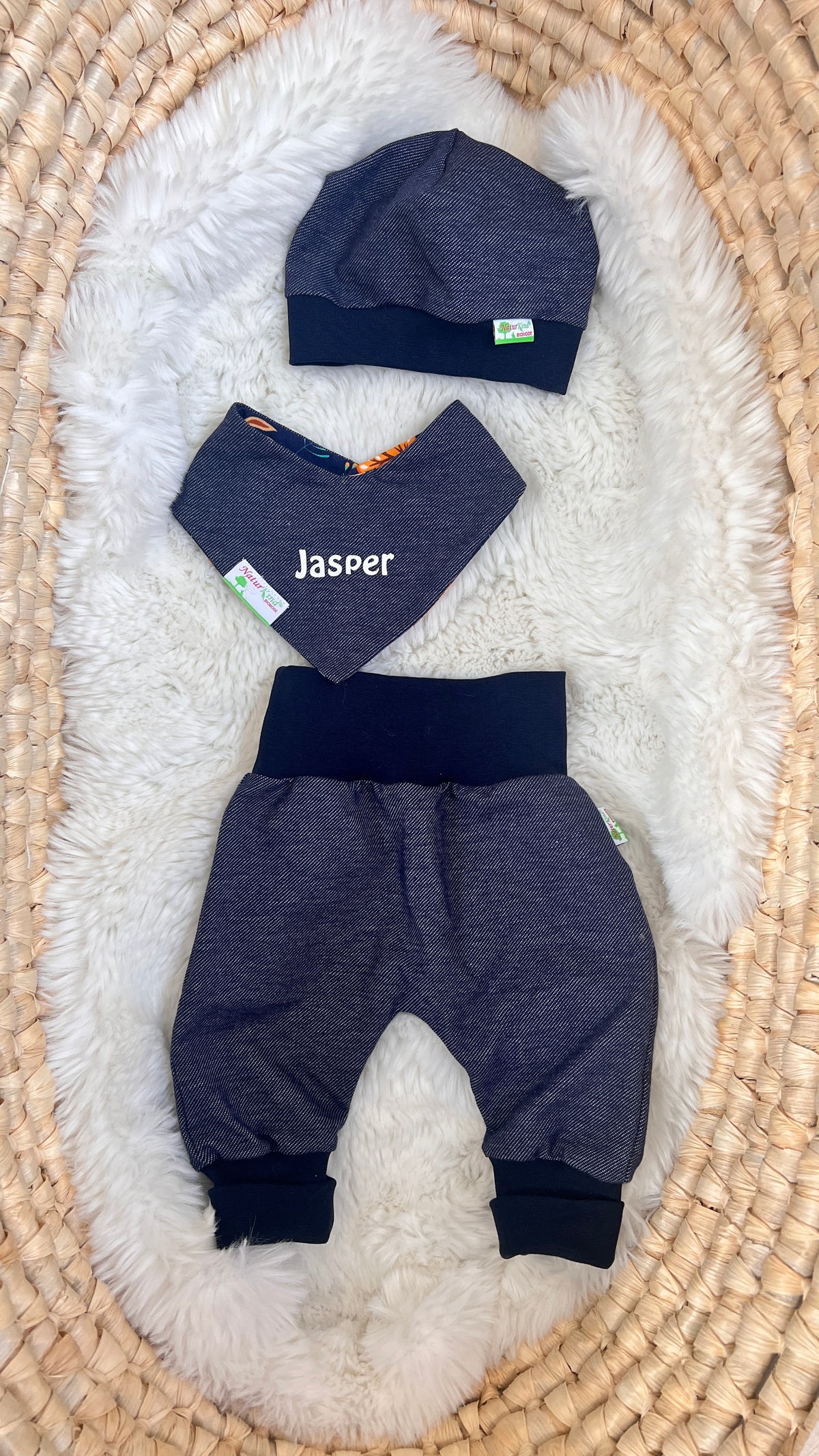 Bündchen Beanie Jeans dunkel, Uni dunkelblau