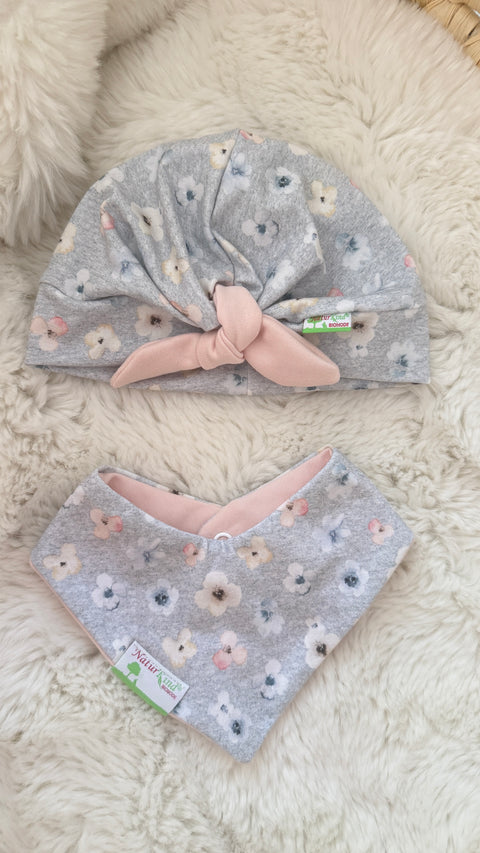 Turban Mütze mit Schleife + Wendehalstuch Blütentraum grau peach