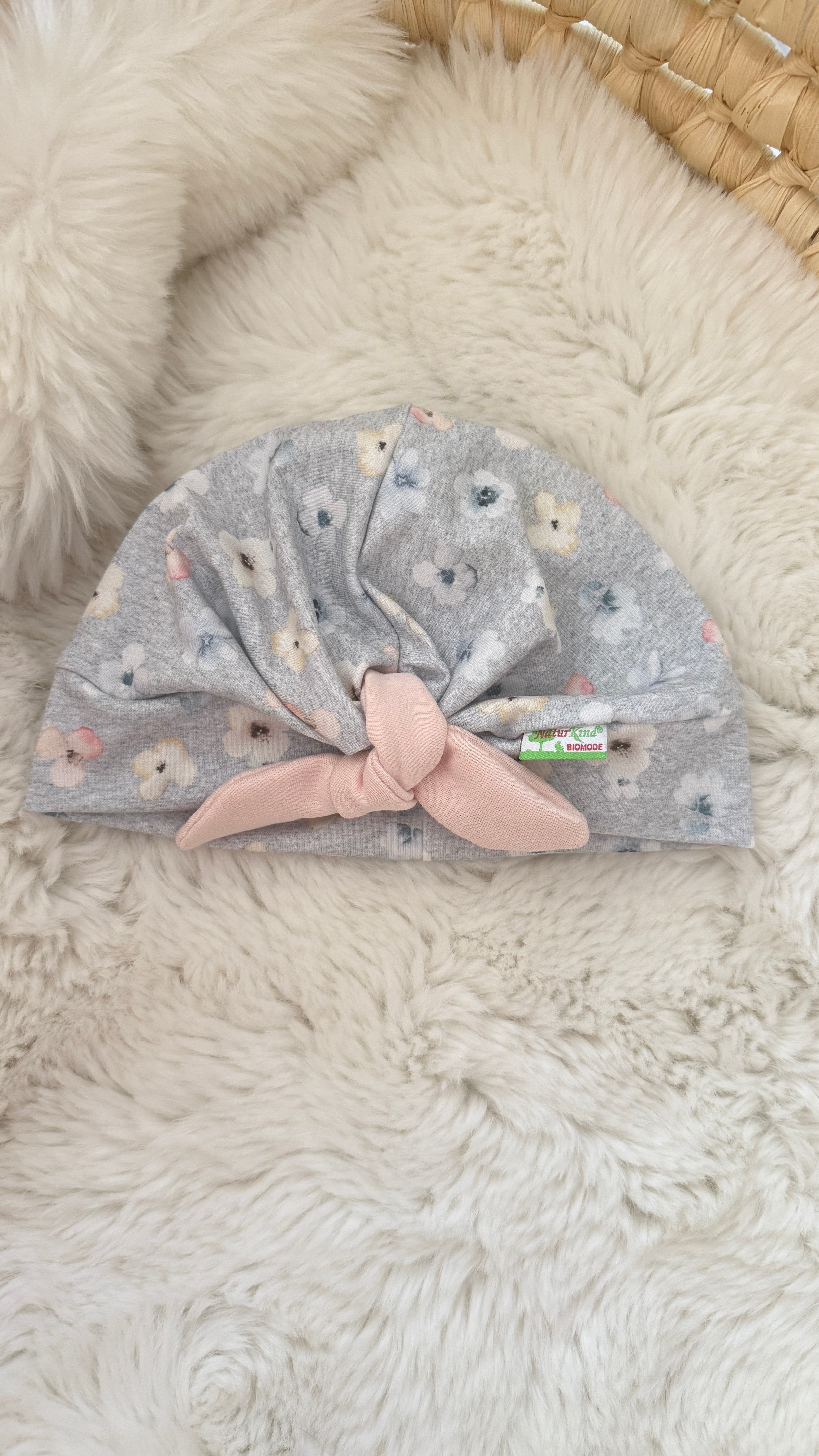 Turban Mütze mit Schleife Blütentraum grau peach