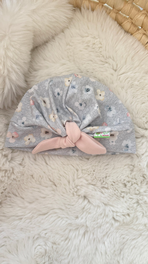 Turban Mütze mit Schleife Blütentraum grau peach
