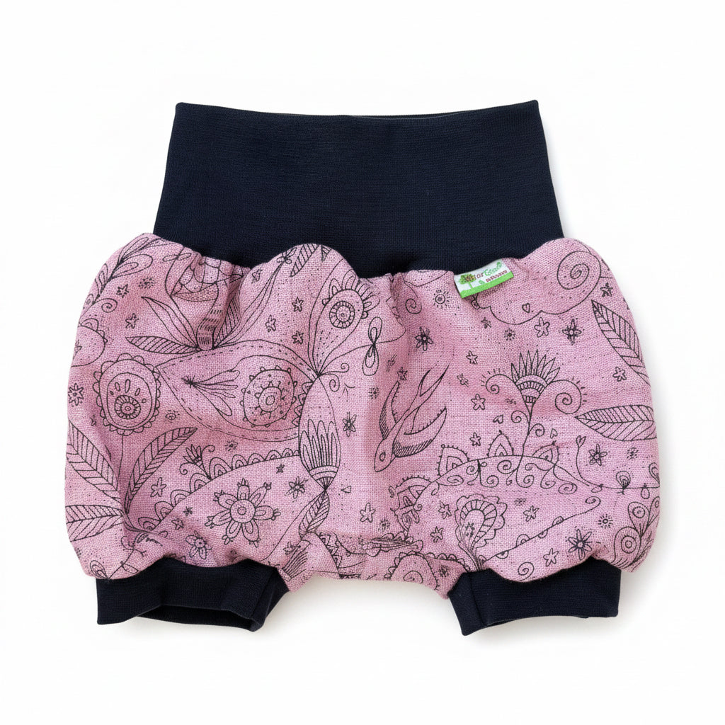 Kurze Mitwachshose Bambus Musselin Floral rosa dunkelblau