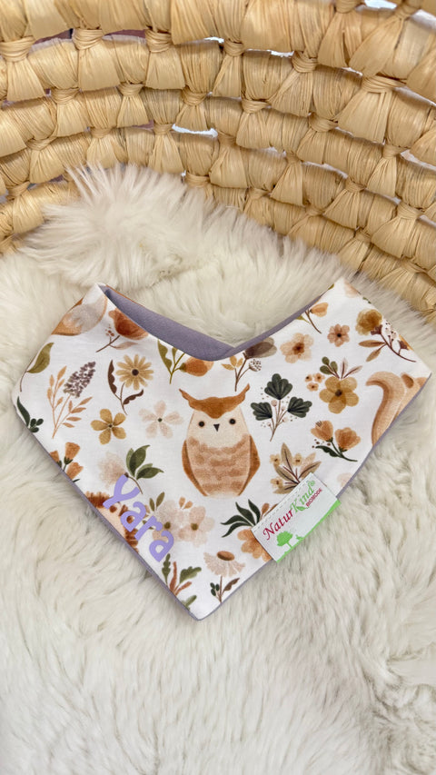 Wendehalstuch Waldfreunde beige mit Name, Name flieder