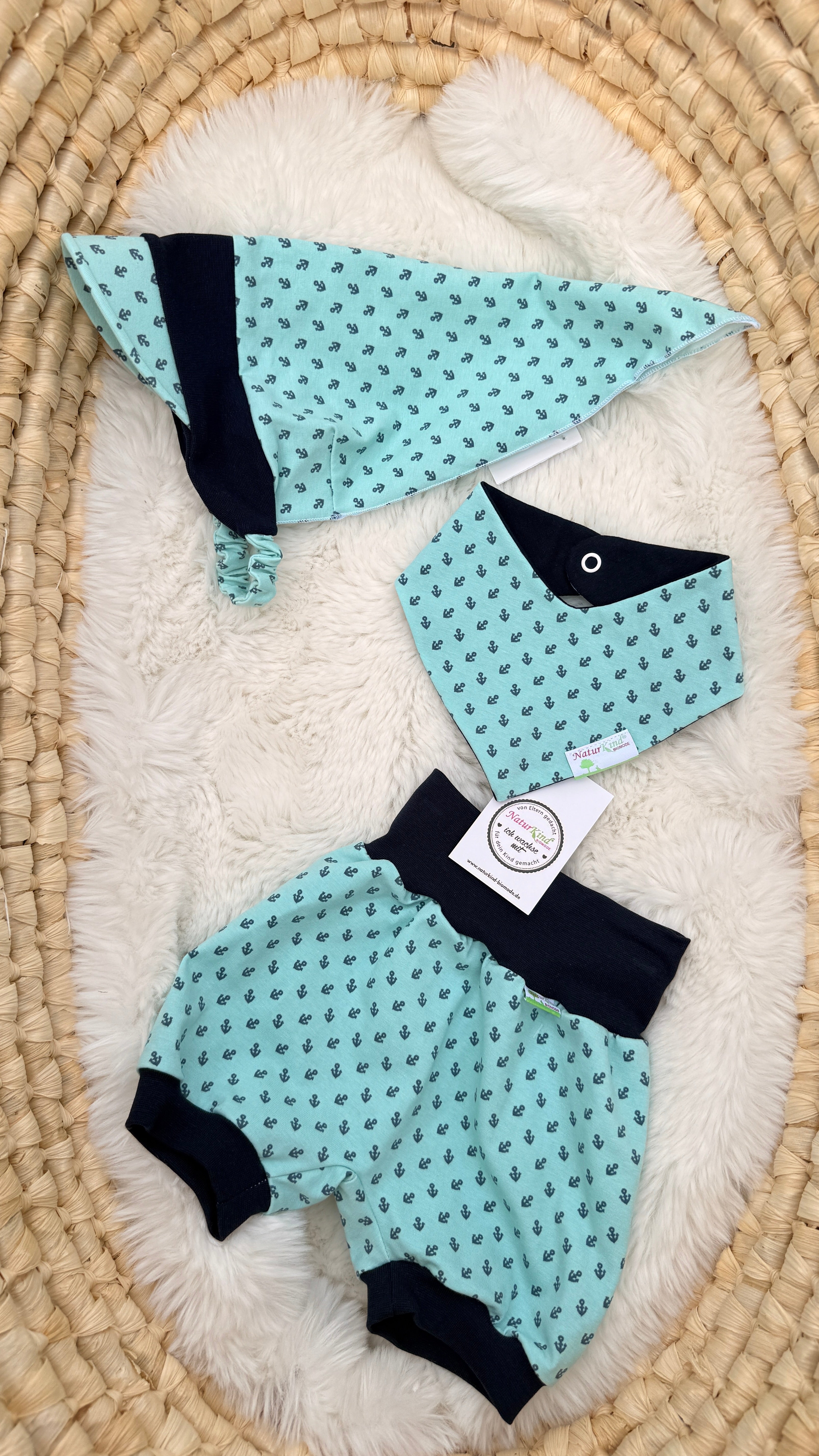 Naturkind Biomode ® 3-teiliges Sommer MitwachsSet für Babys Anker mint dunkelblau