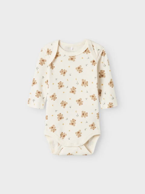 Name it Langarm Body mit Schlupausschnitt Teddybären cremebeige